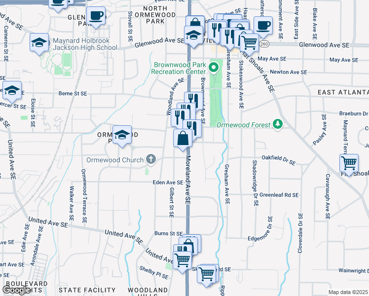 map of restaurants, bars, coffee shops, grocery stores, and more near 799 Moreland Avenue Southeast in Atlanta