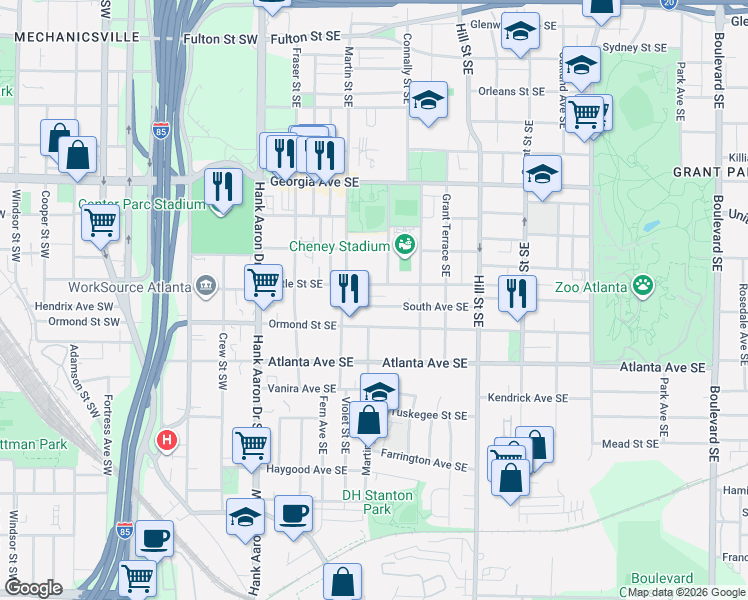 map of restaurants, bars, coffee shops, grocery stores, and more near 168 Ormond Street Southeast in Atlanta