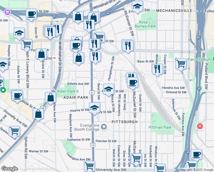 map of restaurants, bars, coffee shops, grocery stores, and more near 819 Humphries Street Southwest in Atlanta