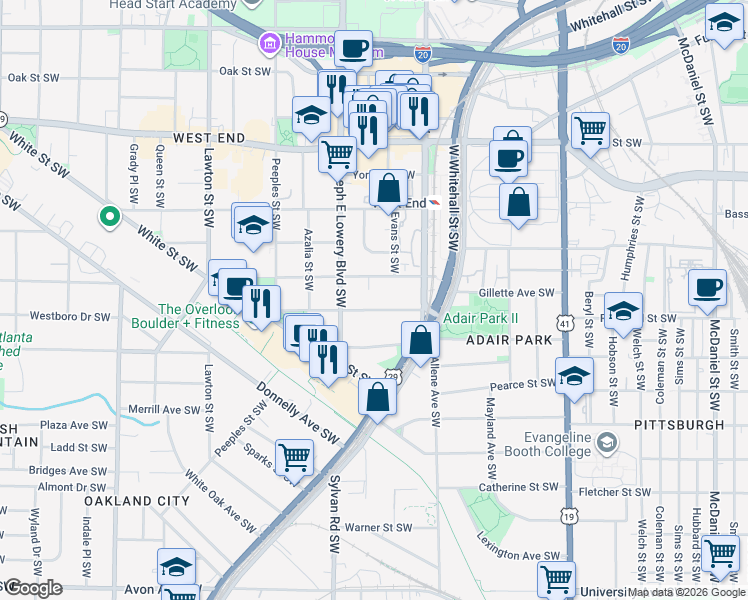 map of restaurants, bars, coffee shops, grocery stores, and more near 871 White Street Southwest in Atlanta
