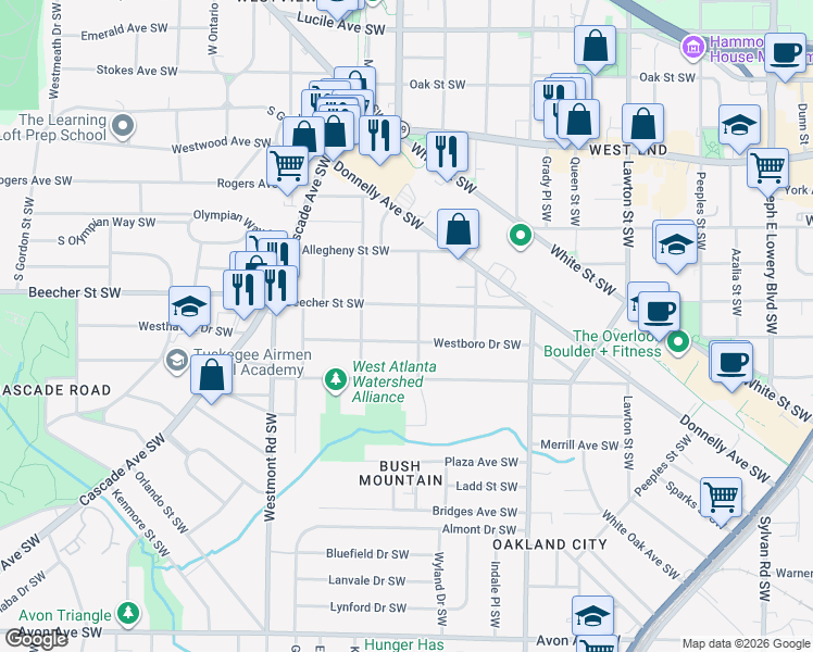 map of restaurants, bars, coffee shops, grocery stores, and more near 1354 Westboro Drive Southwest in Atlanta
