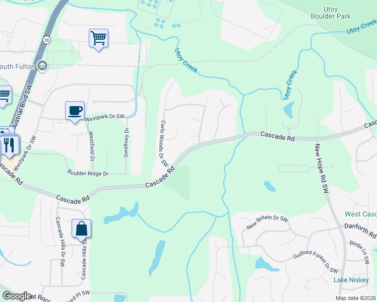 map of restaurants, bars, coffee shops, grocery stores, and more near 5029 Cascade Road in Atlanta