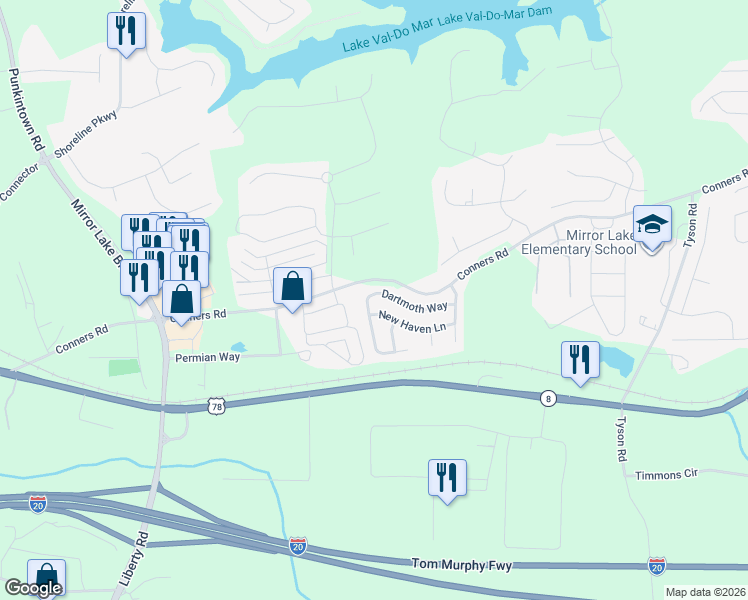 map of restaurants, bars, coffee shops, grocery stores, and more near 2049 Dartmoth Way in Villa Rica