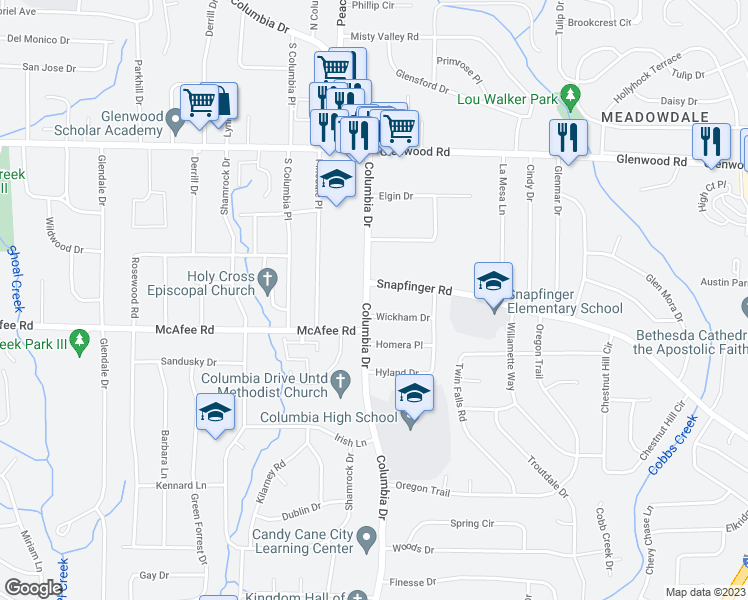 map of restaurants, bars, coffee shops, grocery stores, and more near 1976 Columbia Drive in Decatur