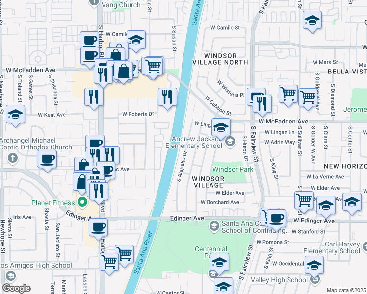 map of restaurants, bars, coffee shops, grocery stores, and more near 1148 South Arapaho Drive in Santa Ana