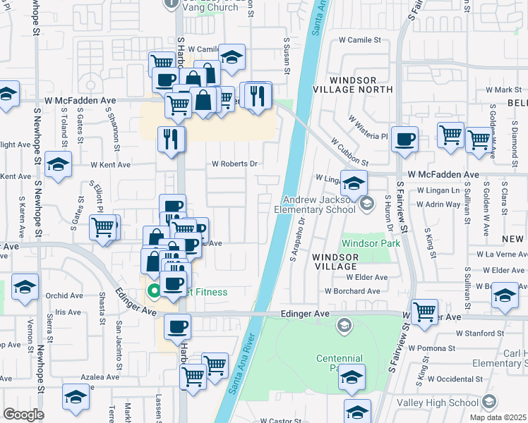 map of restaurants, bars, coffee shops, grocery stores, and more near 220 Palos Verdes Drive in Santa Ana