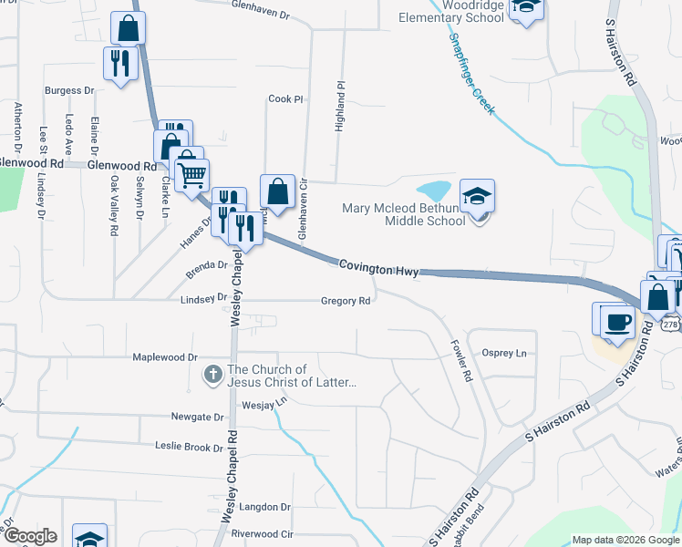map of restaurants, bars, coffee shops, grocery stores, and more near 4422 Gregory Road in Decatur