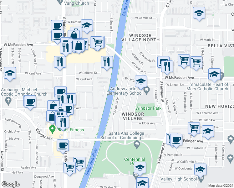 map of restaurants, bars, coffee shops, grocery stores, and more near 1148 South Arapaho Drive in Santa Ana