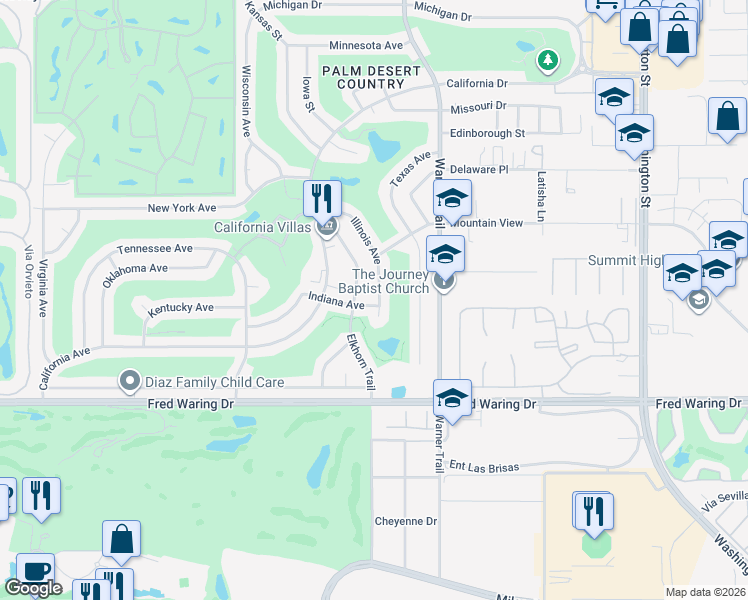 map of restaurants, bars, coffee shops, grocery stores, and more near 77285 Indiana Avenue in Palm Desert