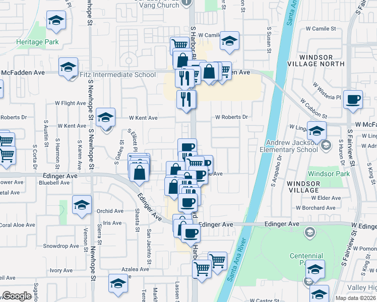 map of restaurants, bars, coffee shops, grocery stores, and more near 11964 Gloxinia Avenue in Fountain Valley