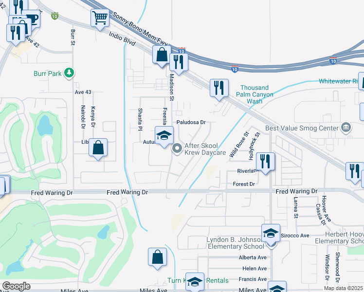map of restaurants, bars, coffee shops, grocery stores, and more near 43615 Roebelenii Way in Indio