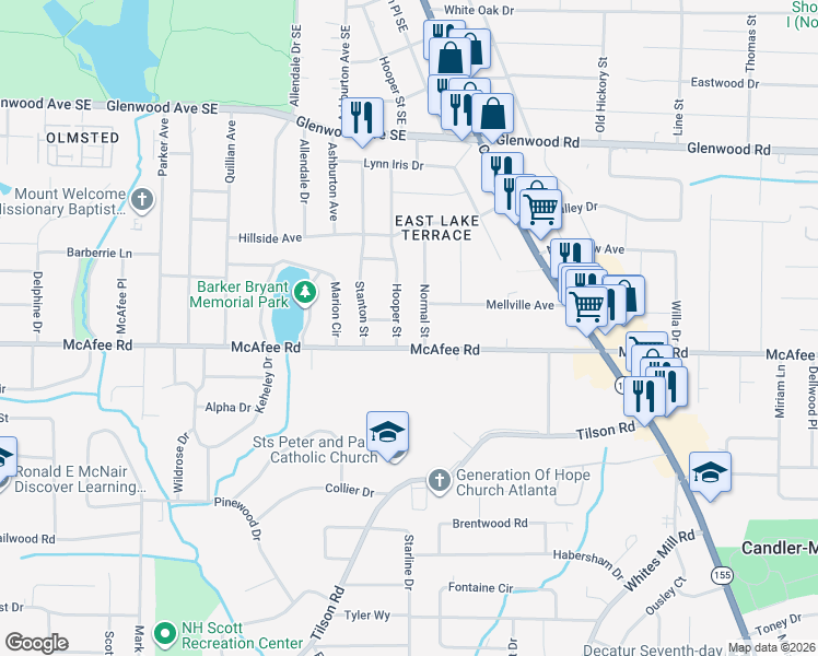 map of restaurants, bars, coffee shops, grocery stores, and more near in Candler-McAfee