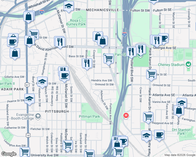 map of restaurants, bars, coffee shops, grocery stores, and more near 244 Hendrix Avenue Southwest in Atlanta