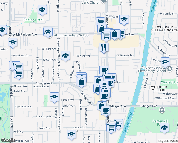 map of restaurants, bars, coffee shops, grocery stores, and more near 15880 Bogart Court in Fountain Valley