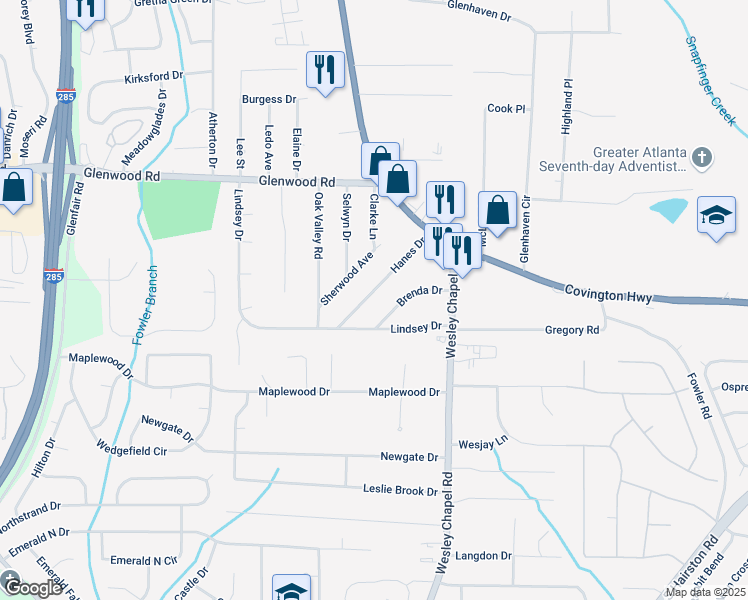map of restaurants, bars, coffee shops, grocery stores, and more near 4179 Hanes Drive in Decatur