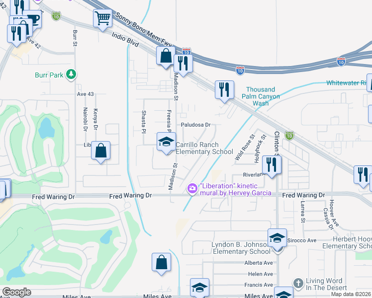 map of restaurants, bars, coffee shops, grocery stores, and more near 43615 Roebelenii Way in Indio