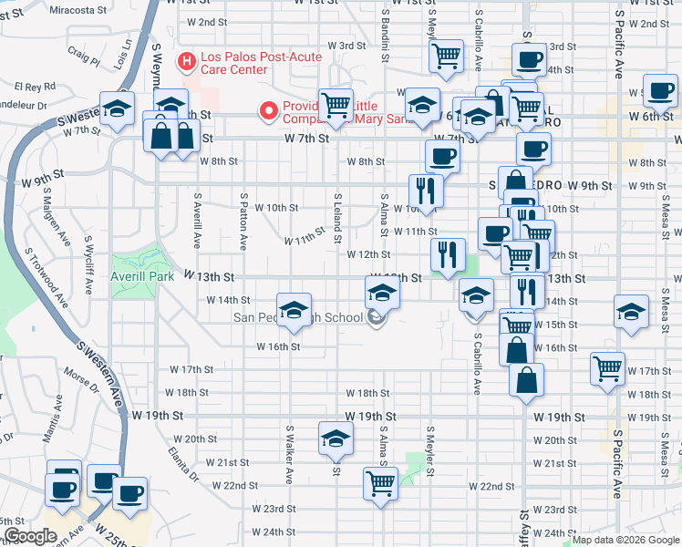 map of restaurants, bars, coffee shops, grocery stores, and more near 1086 West 13th Street in Los Angeles