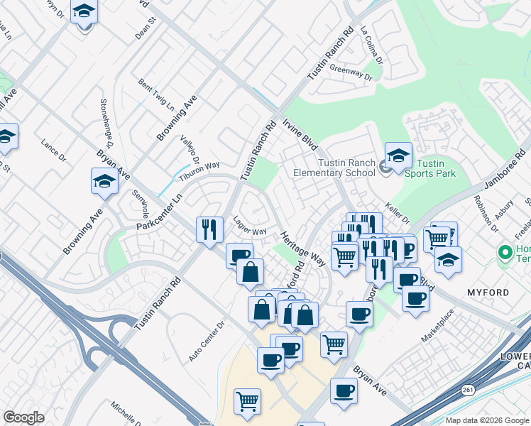 map of restaurants, bars, coffee shops, grocery stores, and more near 2444 Paseo Circulo in Tustin