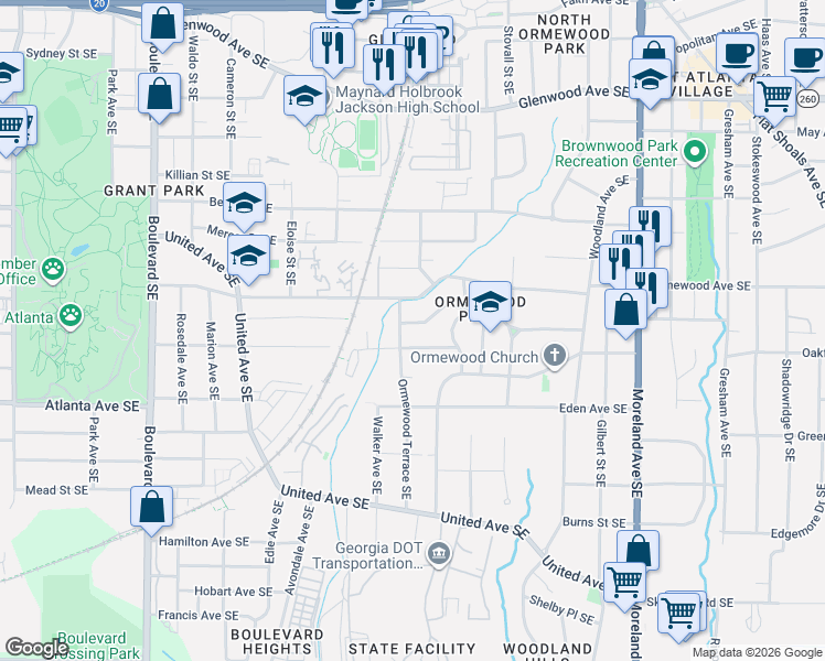 map of restaurants, bars, coffee shops, grocery stores, and more near 842 Ormewood Terrace Southeast in Atlanta