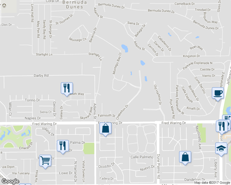 map of restaurants, bars, coffee shops, grocery stores, and more near 43337 Lacovia Drive in Bermuda Dunes