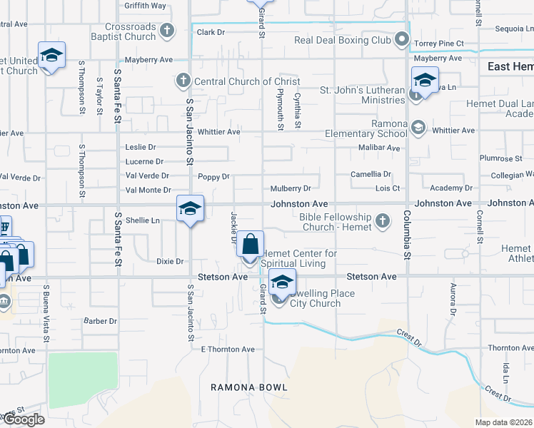 map of restaurants, bars, coffee shops, grocery stores, and more near 26778 Girard Street in Hemet