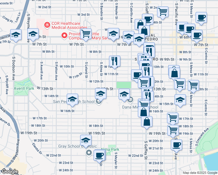 map of restaurants, bars, coffee shops, grocery stores, and more near 950 West 13th Street in Los Angeles