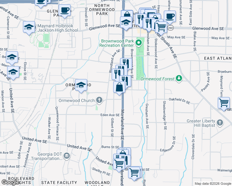 map of restaurants, bars, coffee shops, grocery stores, and more near 1143 Gracewood Avenue Southeast in Atlanta