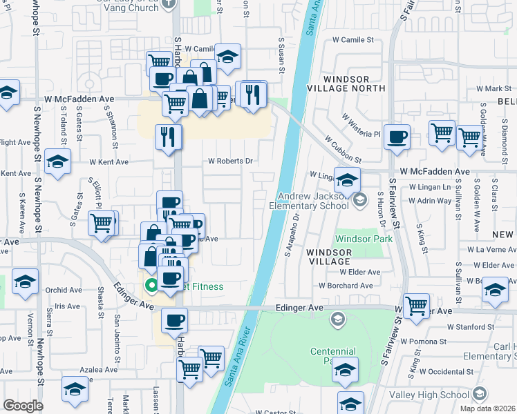 map of restaurants, bars, coffee shops, grocery stores, and more near 227 Palos Verdes Drive in Santa Ana