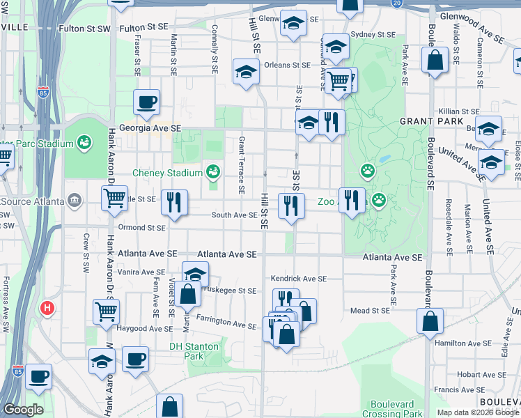 map of restaurants, bars, coffee shops, grocery stores, and more near in Atlanta