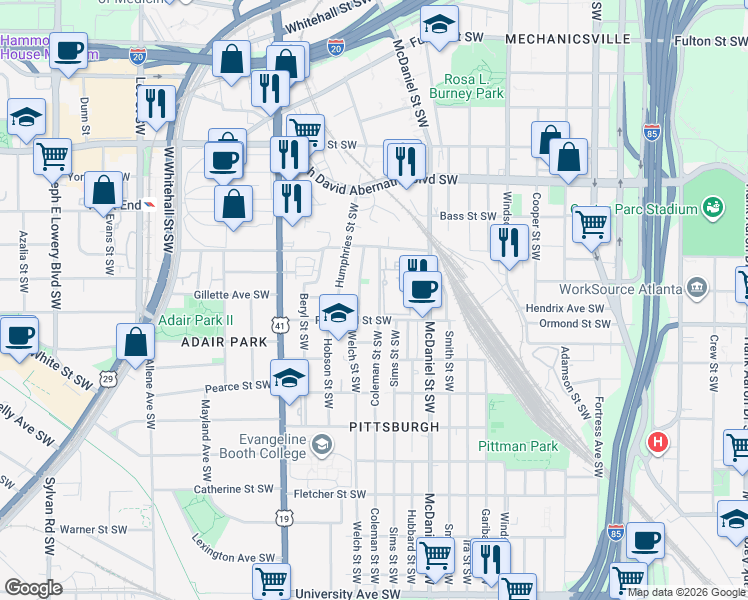 map of restaurants, bars, coffee shops, grocery stores, and more near 488 Rockwell Street Southwest in Atlanta