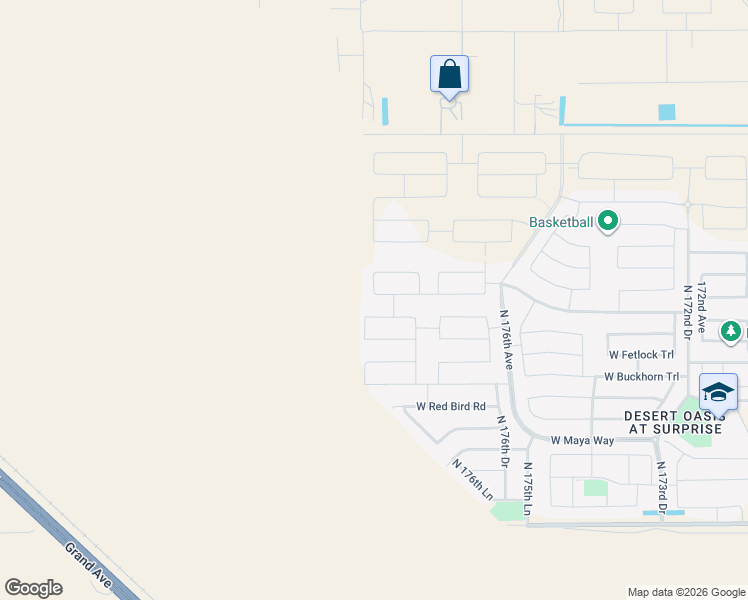map of restaurants, bars, coffee shops, grocery stores, and more near 17879 West Buckhorn Trail in Surprise