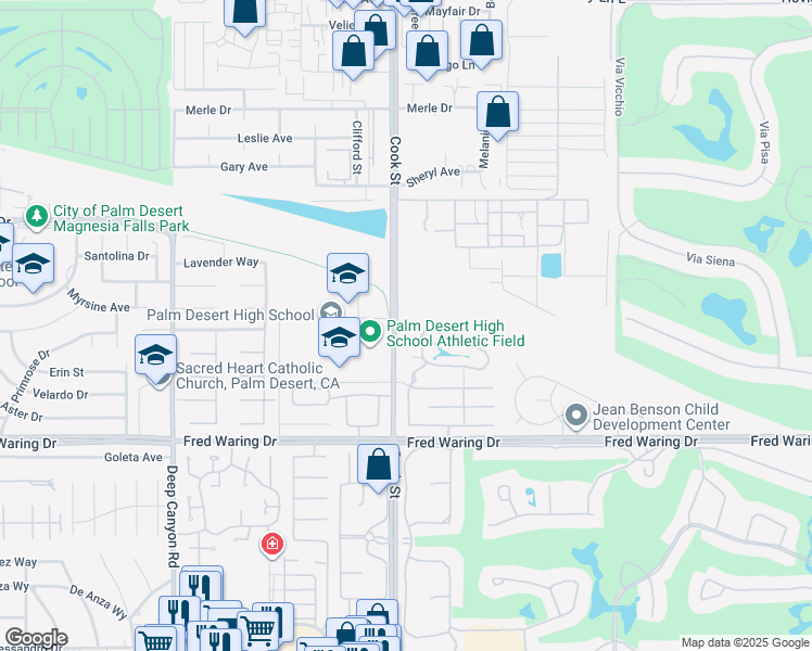 map of restaurants, bars, coffee shops, grocery stores, and more near 43148 Cook Street in Palm Desert