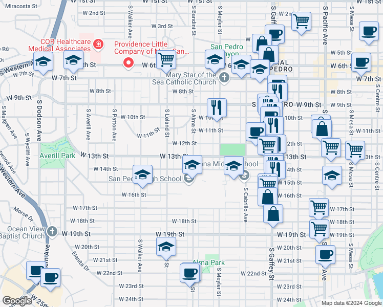 map of restaurants, bars, coffee shops, grocery stores, and more near 1010 West 13th Street in Los Angeles
