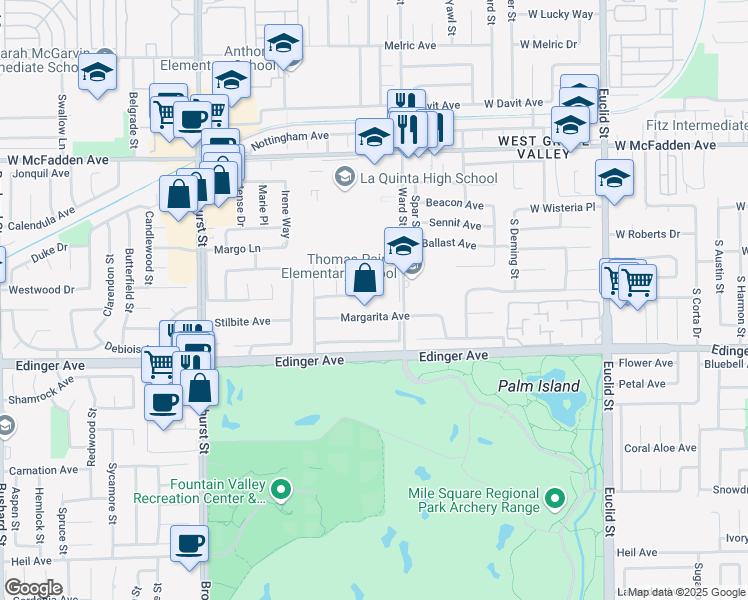map of restaurants, bars, coffee shops, grocery stores, and more near 10422 San Angelo Avenue in Westminster