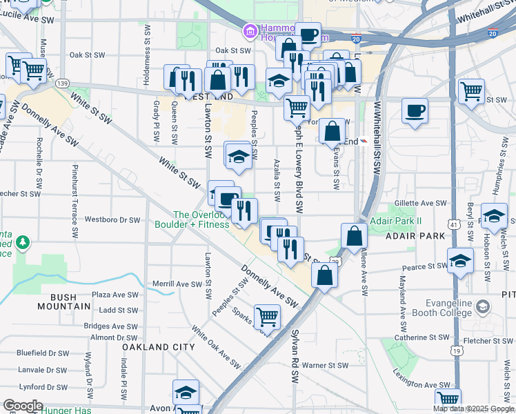 map of restaurants, bars, coffee shops, grocery stores, and more near 975 White Street Southwest in Atlanta