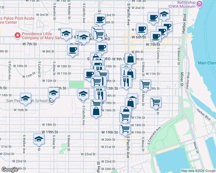 map of restaurants, bars, coffee shops, grocery stores, and more near 638 West 13th Street in Los Angeles