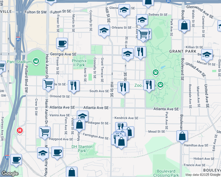 map of restaurants, bars, coffee shops, grocery stores, and more near in Atlanta