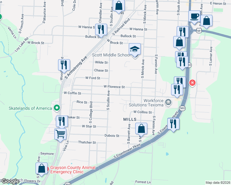 map of restaurants, bars, coffee shops, grocery stores, and more near 806 West Coffin Street in Denison