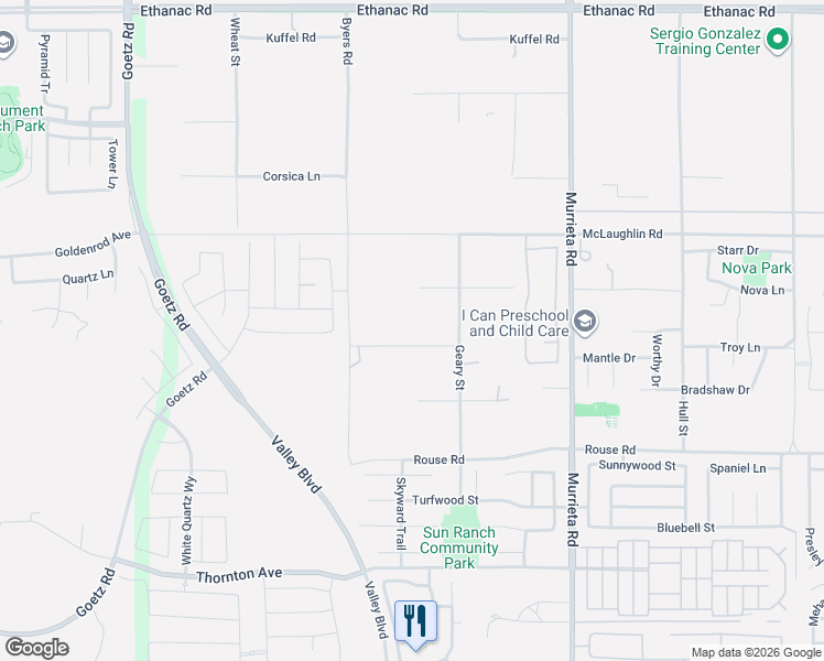 map of restaurants, bars, coffee shops, grocery stores, and more near 25680 Troy Lane in Menifee