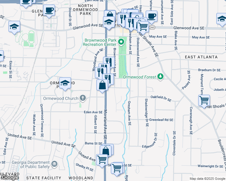 map of restaurants, bars, coffee shops, grocery stores, and more near 844 Brownwood Avenue Southeast in Atlanta