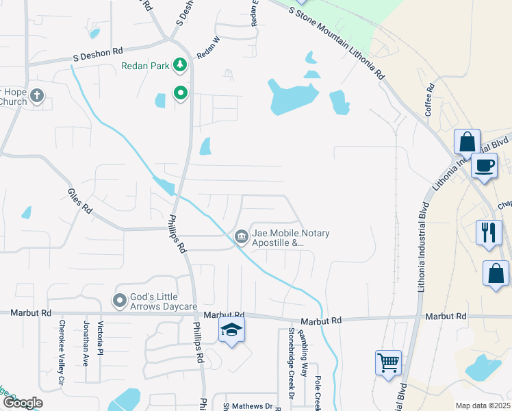 map of restaurants, bars, coffee shops, grocery stores, and more near 6392 Laurel Post Court in Lithonia