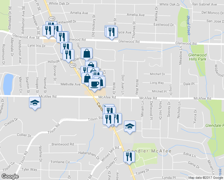 map of restaurants, bars, coffee shops, grocery stores, and more near 1989 Willa Drive in Decatur