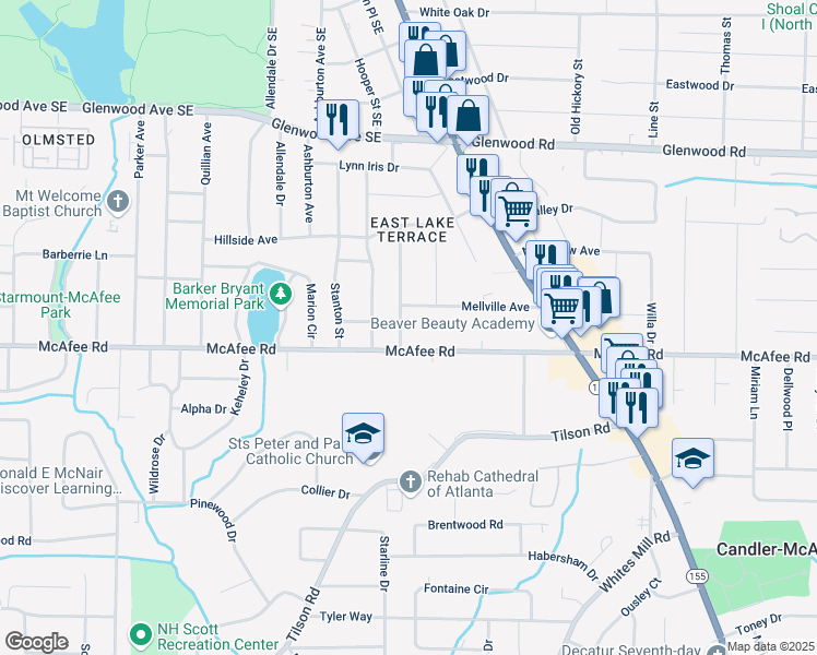 map of restaurants, bars, coffee shops, grocery stores, and more near 2452 McAfee Road in Decatur