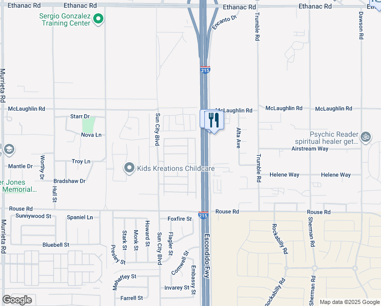 map of restaurants, bars, coffee shops, grocery stores, and more near 26724 Tropicana Drive in Menifee