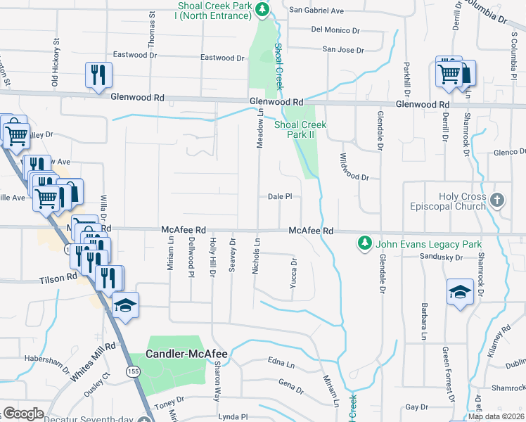 map of restaurants, bars, coffee shops, grocery stores, and more near 1980 Meadow Lane in Decatur