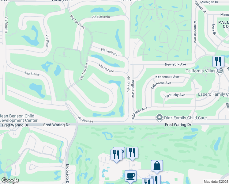 map of restaurants, bars, coffee shops, grocery stores, and more near 76375 Via Chianti in Indian Wells