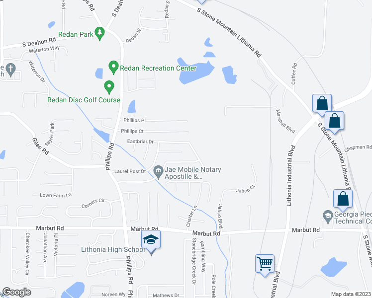 map of restaurants, bars, coffee shops, grocery stores, and more near 6426 Laurel Post Court in Lithonia