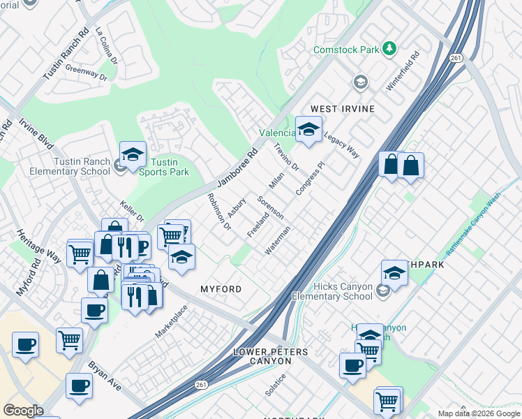 map of restaurants, bars, coffee shops, grocery stores, and more near 67 Autumn in Irvine