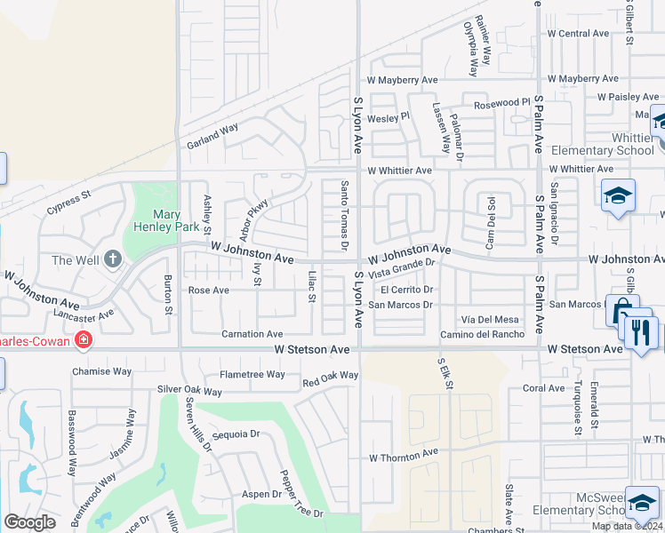 map of restaurants, bars, coffee shops, grocery stores, and more near 1773 West Johnston Avenue in Hemet