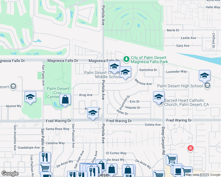 map of restaurants, bars, coffee shops, grocery stores, and more near 74060 Desert Star Boulevard in Palm Desert